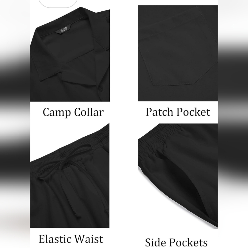 NEW MENS 2 PIECE BLACK BEACH CASUAL BUTTON DOWN SHIRT & SHORT SUIT SIZE LARGE - Picture 4 of 11